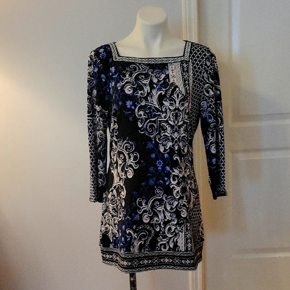 White House Black Market Black and Blue Scroll Print Floral Dress Size L